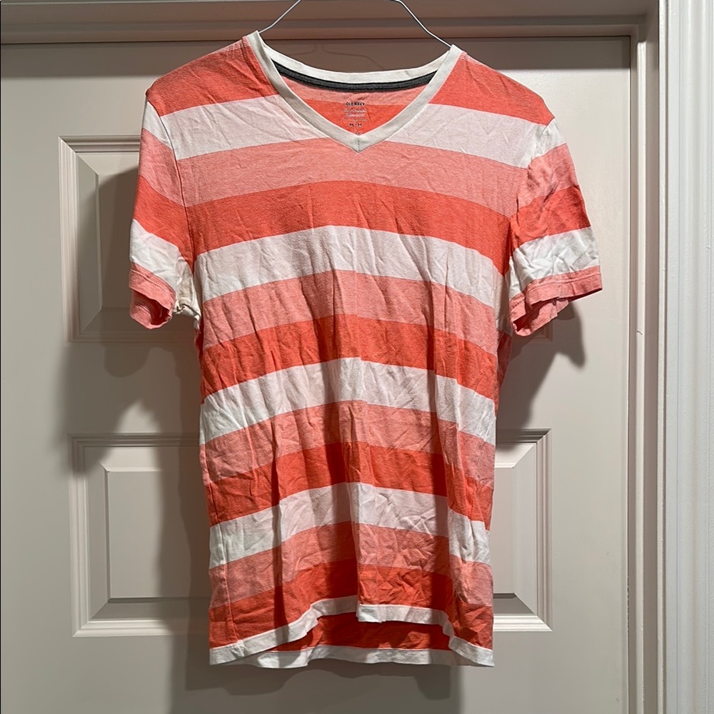 Old Nary Striped V-Neck Men's Shirt - Salmon and White